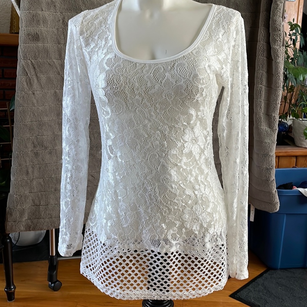 Long Sleeve Lace Dress/cover Up Off White